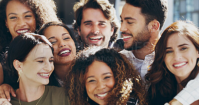 Buy stock photo Friends, group and smile with business people in office together for love, support or team building. Collaboration, diversity and portrait with employee happy in company workplace for bonding hug