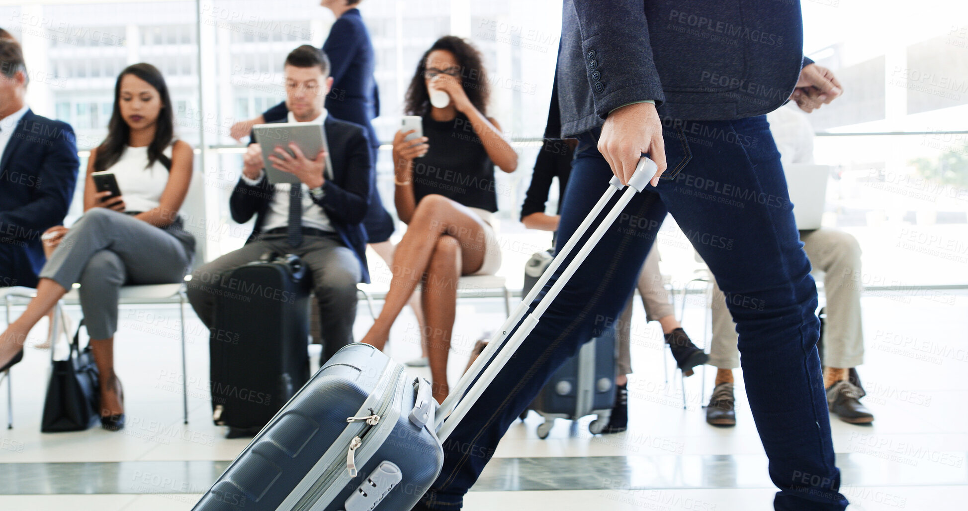 Buy stock photo Hands, corporate and person with luggage at airport for travel, business trip and international flight. Employee, walking and suitcase at boarding terminal, journey and reading of transport departure