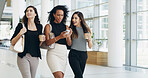 Businesswomen, coffee and team walking with phone in office for conversation. Happy workers, collaboration and friends with mobile for networking on social media online in creative startup on break