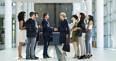 Buy stock photo CEO, business people and shaking hands in office for welcome, b2b introduction or greeting. Happy group, collaboration and handshake for agreement, deal or company merger with financial acquisition