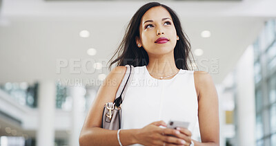 Buy stock photo Airport, phone and thinking with business woman in lobby or terminal for international flight. App, future and planning with passenger walking to arrival or departure gate for journey and transport