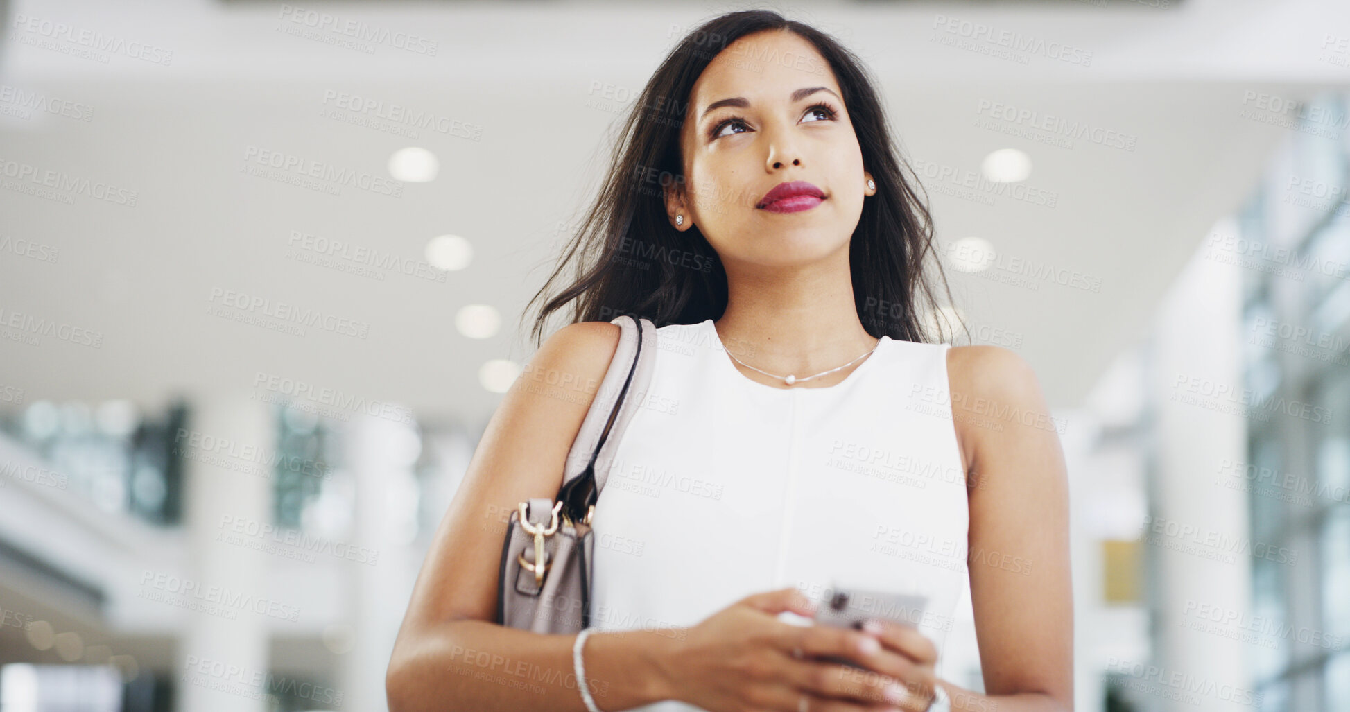 Buy stock photo Airport, phone and thinking with business woman in lobby or terminal for international flight. App, future and planning with passenger walking to arrival or departure gate for journey and transport