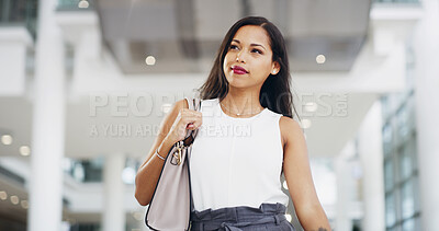 Buy stock photo Airport, idea and travel with business woman walking in terminal for international flight. Future, planning and thinking with passenger at arrival or departure gate for journey or transportation