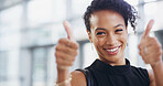 Thumbs up, portrait and smile with business woman in office for success deal approval and space. Support, feedback and agreement with person in agency for thank you, vote and review guarantee