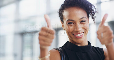 Buy stock photo Thumbs up, portrait and smile with business woman in office for success deal approval and space. Support, feedback and agreement with person in agency for thank you, vote and review guarantee
