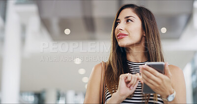 Buy stock photo Airport, planning and phone with business woman walking in terminal for international flight. Future, schedule and travel with passenger at arrival or departure gate for journey or transportation