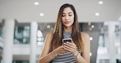 Buy stock photo Business, phone and travel with woman in airport lobby or terminal for international flight. App, check in and text message with passenger at arrival or departure gate for journey or transportation