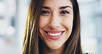 Smile, business and woman for beauty of portrait as accountant, natural makeup and cosmetic results. Female person, happy and ambition as finance consultant, facial makeover and investment management