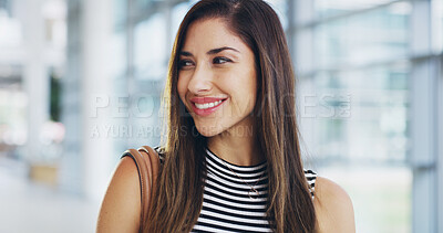 Buy stock photo Business, thinking and travel with happy woman in airport for international flight. Future, idea and planning with smile of person at gate or terminal for arrival and departure as airline passenger