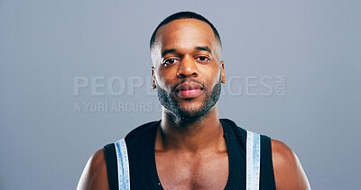 Buy stock photo Fashion, studio and portrait of man, confident and stylish outfit for model, space and trendy for guy. Blue background, student and black person with pride for clothes, serious and cool in Kenya