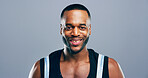 Fashion, studio and portrait of man, happy and stylish outfit for model, space and trendy for guy. Blue background, university student and black person with pride for clothes, smile and cool in Kenya