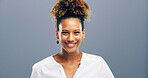 Happy woman, portrait and style with positive attitude for fashion, hair or confidence on a gray studio background. Face, female person or model with smile for clothing or outfit on mockup space