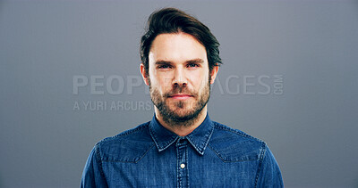 Buy stock photo Creative, professional and portrait of businessman in studio for staff ID, company card and about us. Space, entrepreneur and face of person for career, job and employee profile on grey background