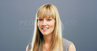 Buy stock photo Portrait, woman and pride for hair care in studio with blonde highlights, natural growth and beauty. Female person, straight hairstyle or keratin treatment, healthy shine and salon on gray background