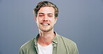 Happy man, portrait and casual fashion with style in studio of handsome model or student on a gray background. Young face, male person or gen z with smile, clothing or outfit in joy on mockup space