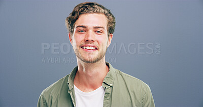 Buy stock photo Happy man, portrait and casual fashion with style in studio of model or student on a gray background. Face, male person or gen z with smile in joy for facial expression or emotion on mockup space