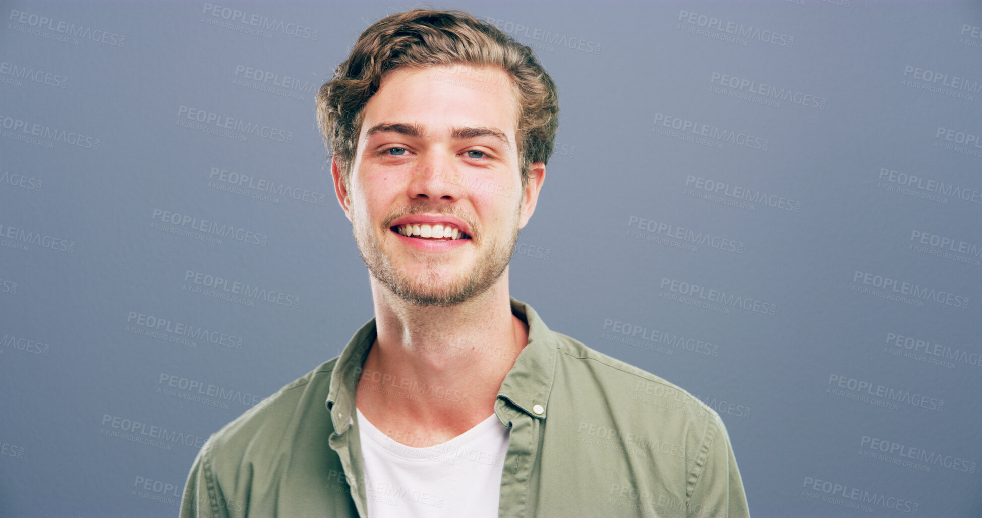 Buy stock photo Happy man, portrait and casual fashion with style in studio of model or student on a gray background. Face, male person or gen z with smile in joy for facial expression or emotion on mockup space