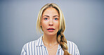 Portrait, creative and woman with confidence in studio of ambition, about us and journalist career. Female person, pride and internship agency of reporting news, story publication and gray background
