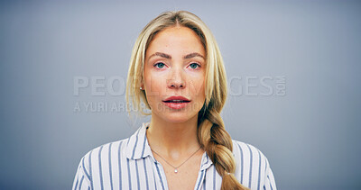 Buy stock photo Portrait, proud and woman for beauty in studio with natural makeup, cosmetics and unique freckles. Female person, pride and transformation, ready for work and dermatology wellness on gray background
