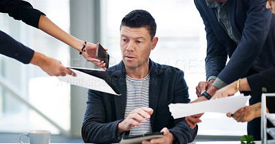 Buy stock photo Businessman, hands and overwhelmed with documents in office, stress and multitasking for project. Person, crisis and time management with chaos, smartphone or pressure for deadline at creative agency