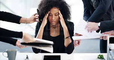 Buy stock photo Business woman, hands and headache for multitasking in office with workload anxiety, pressure or deadline. Time management, person and overwhelmed with stress, phone call or paperwork procrastination