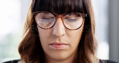 Buy stock photo Business, woman and reading with glasses in office for information, review email and journalist career. Female person, proofreading and editing of story, article report and reflection of publication 