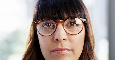 Buy stock photo Eye care, portrait and woman with glasses vision for eyesight, healthcare and prescription lens. Optometry, person and serious with eyewear for wellness, optical correction and spectacles for health