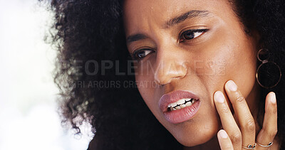 Buy stock photo Toothache, pain and face of African woman at home for dental decay, poor oral hygiene and gum health problem. Gingivitis, bad breath and cavity bacteria with person for inflammation, tmj and crisis