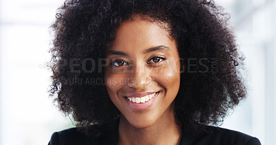 Buy stock photo Black woman, portrait and lawyer in office with smile, pride and legal career at consulting agency. African person, attorney and happy advocate with advisory job at corporate law firm in Nigeria