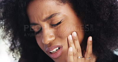 Buy stock photo Toothache, sad and face of African woman at home for dental decay, poor oral hygiene and gum health pain. Gingivitis, bad breath and cavity bacteria with person for inflammation, tmj and crisis