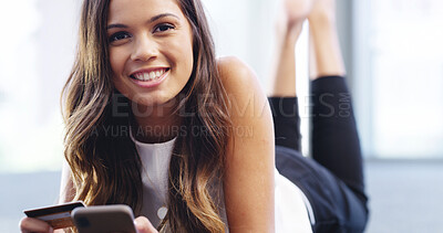 Buy stock photo Home, happy woman and portrait with smartphone for credit card, payment and banking app for ecommerce. House, female person and smile with mobile for debit details, online shopping and subscription