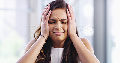 Buy stock photo Woman, worry and headache with hands in office, stress and anxiety for mistake with burnout at startup company. Person, migraine and overwhelmed with pain, exhausted and tired at creative agency
