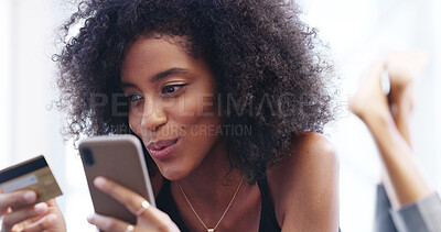 Buy stock photo Happy, woman and information with mobile for credit card, payment and banking app for ecommerce. Connection, African  female person and reading with phone for debit details, online shopping and relax