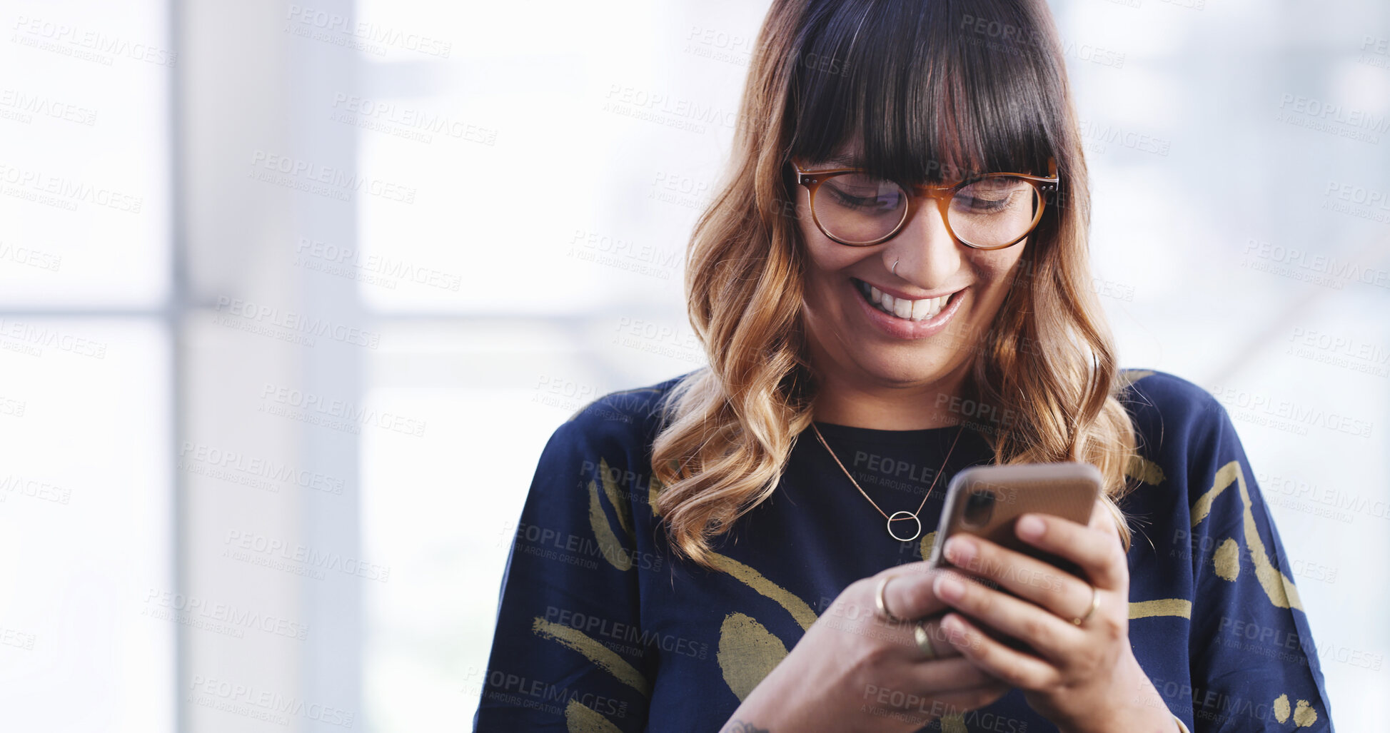 Buy stock photo Office, businesswoman and laughing with smartphone for chat, online communication and web for blog. Workplace, female person and consultant with mobile for service application, networking and smile