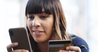 Buy stock photo Tech, woman and typing with smartphone for credit card, payment and banking app for ecommerce. Smile, female person and reading info with mobile website for debit password, online shopping and relax