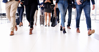 Buy stock photo Legs, people and walking at airport for travel, international journey or business trip with luggage in lobby. Suitcase, flight and group of passengers at airline for global destination or immigration