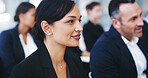Business woman, smile and listening in audience for budget speech, finance and seminar for growth in economy. Person, happy and crowd at conference, attention and auditorium for corporate convention