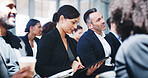 Business people, seminar and woman with tablet, internet and typing with financial conference. Group, employees and investors with workshop, fintech and connection with development and professional