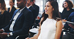 Business, seminar and woman with laughing in audience for corporate joke, ice breaker and finance workshop. Presentation, people and happy in office for group mentorship, funny feedback or conference
