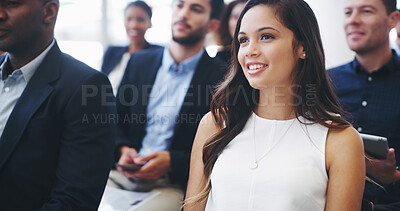 Buy stock photo Business woman, happy and listening in audience for budget speech, finance and seminar for growth in economy. Person, smile and crowd at conference, attention and auditorium for corporate convention