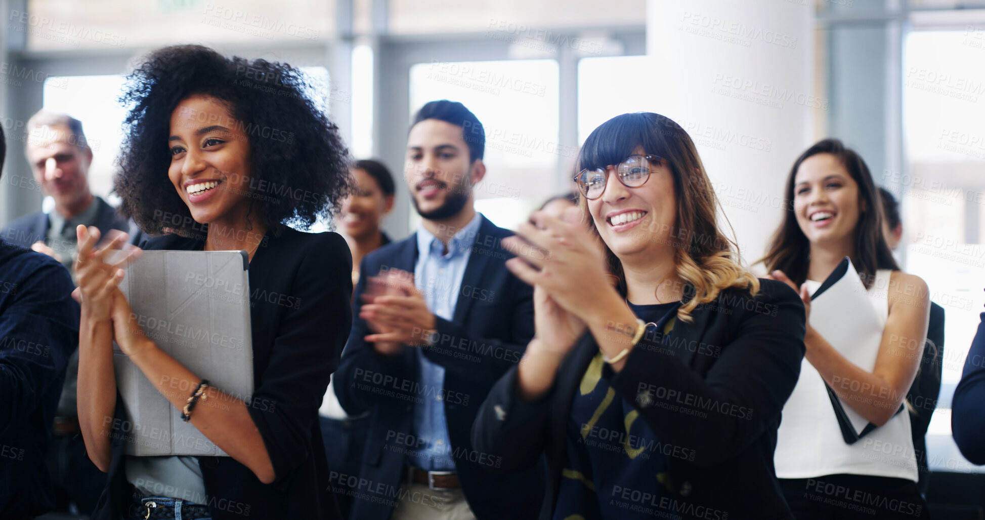 Buy stock photo Audience, applause and business people in meeting for presentation, workshop and seminar in office. Corporate, company and men with women clapping hands for success, conference and collaboration