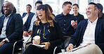 Business, seminar and people with laughing in audience for corporate training, ice breaker or funny presentation. Conference, diversity and happy for employee engagement, feedback joke or work event