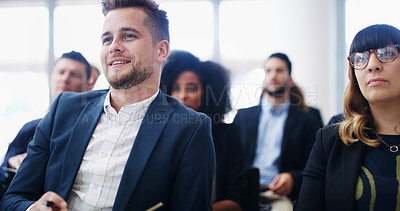 Buy stock photo Convention, audience and seminar with business man at conference for speech, discussion and workshop. Presentation, crowd and learning with group of people corporate, tradeshow and event together