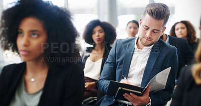 Buy stock photo Writing, audience and seminar with business man at conference for speech, convention and workshop. Presentation, crowd and learning with group of people corporate, taking notes and event together