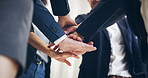 Business people, huddle or hands together for success, victory or meeting for corporate support. Solidarity, group or partnership collaboration for teamwork, target or staff synergy for motivation