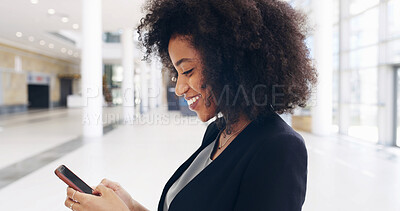 Buy stock photo Business woman, phone and smile in office lobby with social media, email or convention networking. Communication, internet and consultant with cellphone, mobile app and chat online for conference