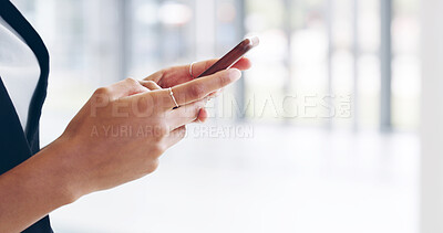 Buy stock photo Closeup, hands and research with smartphone, business and review of stock market on website or online. Office, trader and person with tech for info, digital and browsing for economic growth and stats