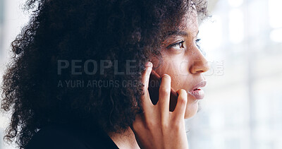 Buy stock photo Office, phone call and business African woman for contact, online discussion and talking. Corporate consultant, professional and person on smartphone for communication, networking and connection