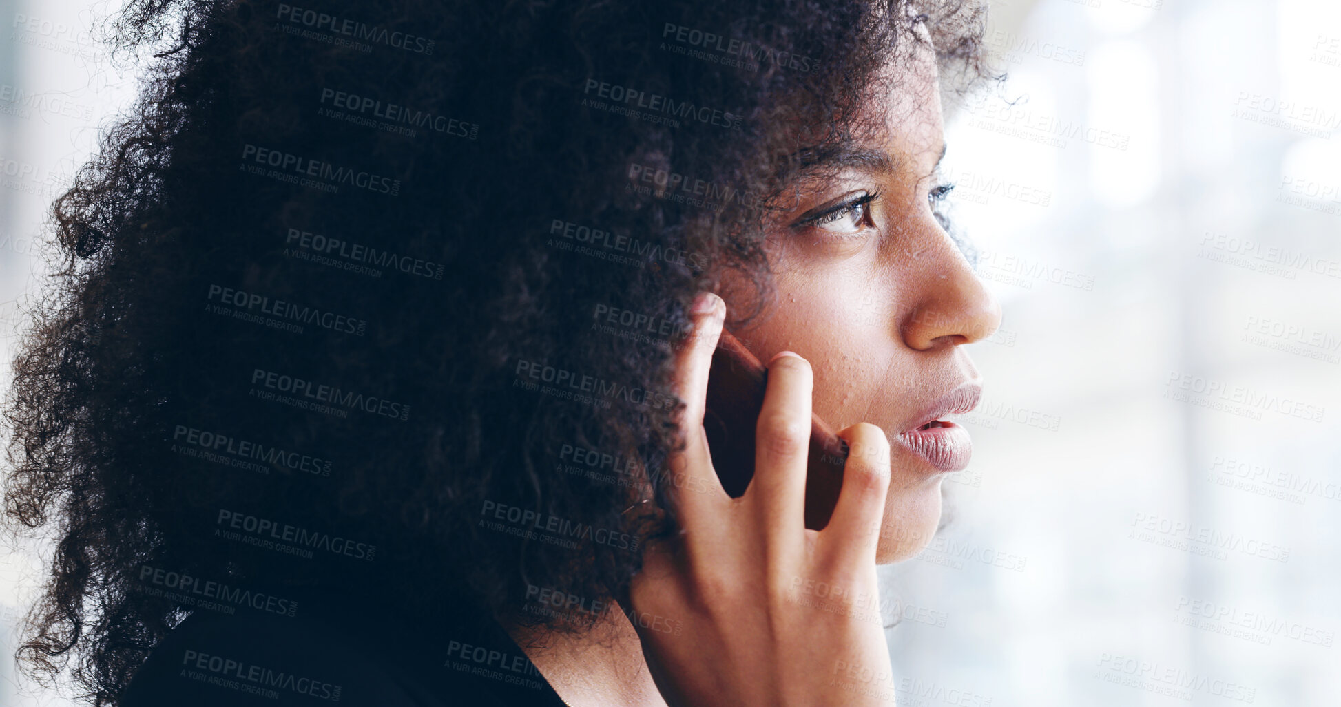 Buy stock photo Office, phone call and business African woman for contact, online discussion and talking. Corporate consultant, professional and person on smartphone for communication, networking and connection