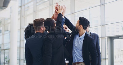 Buy stock photo Business people, group and high five for success at office in circle, motivation and synergy for goal at agency. Teamwork, huddle and cheers with celebration for profit achievement at finance company